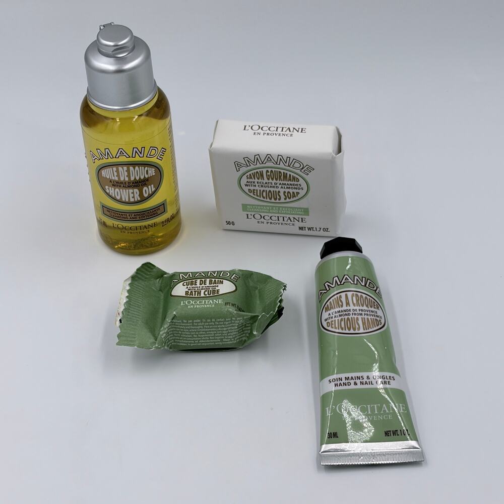 L'Occitane Amande 4 pc Travel Set Shower Oil Soap Hand & Nail Care Bath Cube NEW